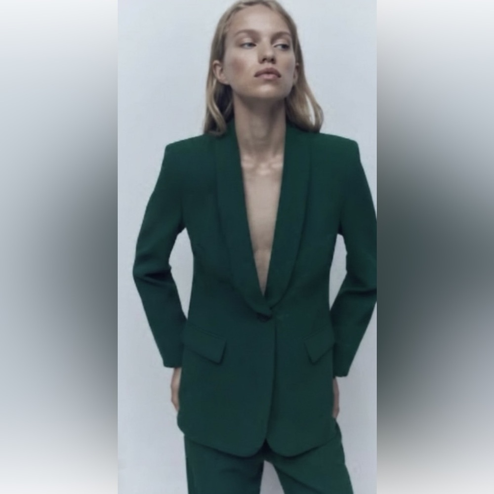 Zara Women’s Emerald Green Deep V-Neck Lined Blazer Jacket, M